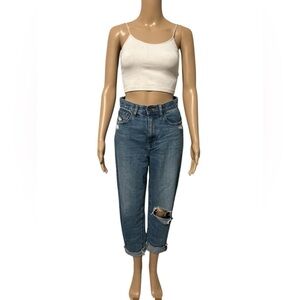 Uniqlo high rise dark washed tattered denim